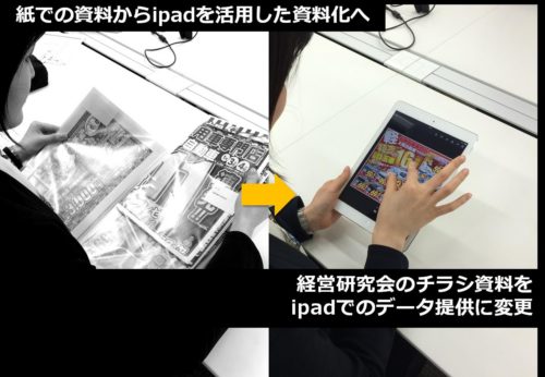 紙での資料からiPadを活用した資料化へ（経営研究会のチラシ資料をiPadでのデータ提供に変更）