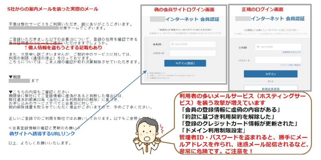 利用者の多いメールサービス（ホスティングサービス）を装う攻撃が増えています。