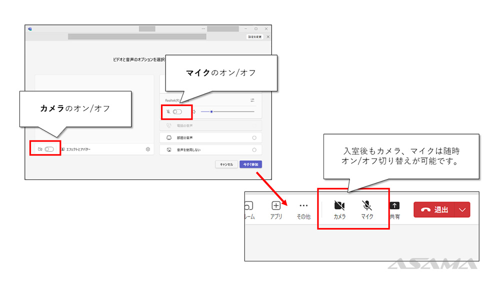 参加側の機能：カメラ・マイクのオン/オフ