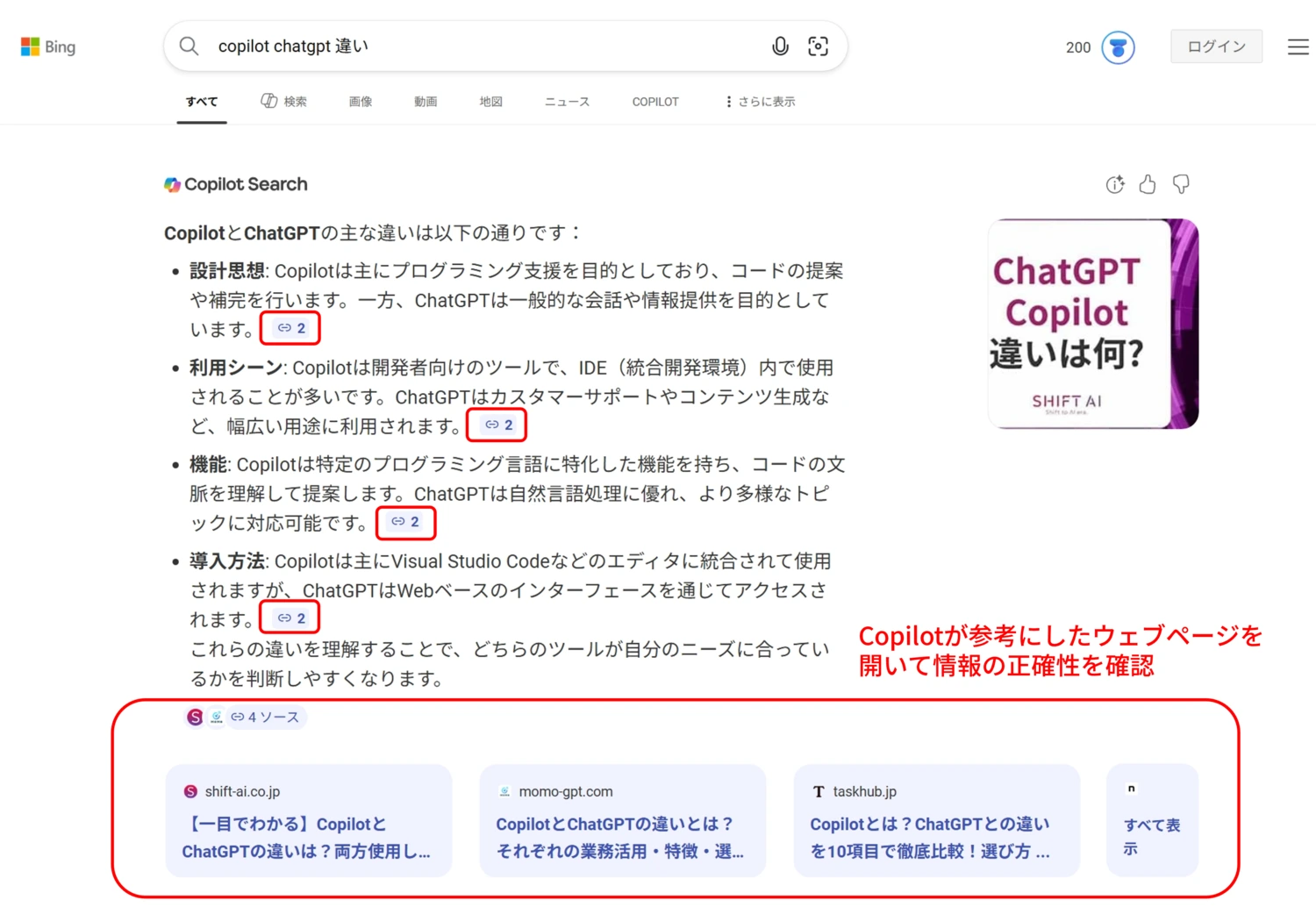 キャプチャ：Copilotが情報をまとめてくれているBingの検索結果。「Copilotが参考にしたウェブページを開いて情報の正確性を確認」