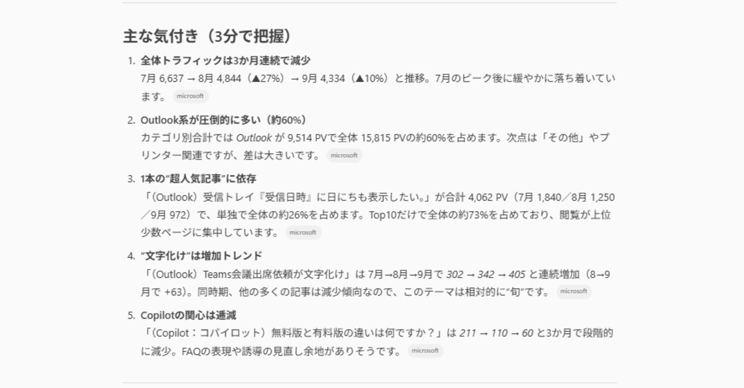キャプチャ：Copilot が作成したレポート「主な気付き（3分で把握）」