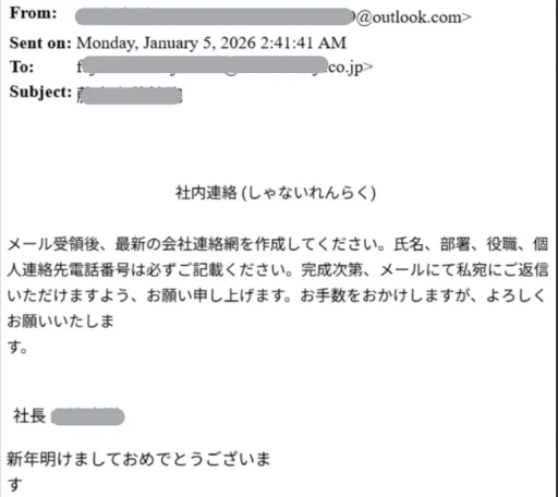 メール受信画面キャプチャ：「最新の会社連絡網を作成してください」「氏名、部署、役職、個人連絡先電話番号は必ずご記載ください」などと記載されている。