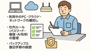 利用中のPC・クラウド・ネットワークの棚卸し、社内ルール（パスワード・権限・AI利用）の整理、バックアップと復旧手順の確認