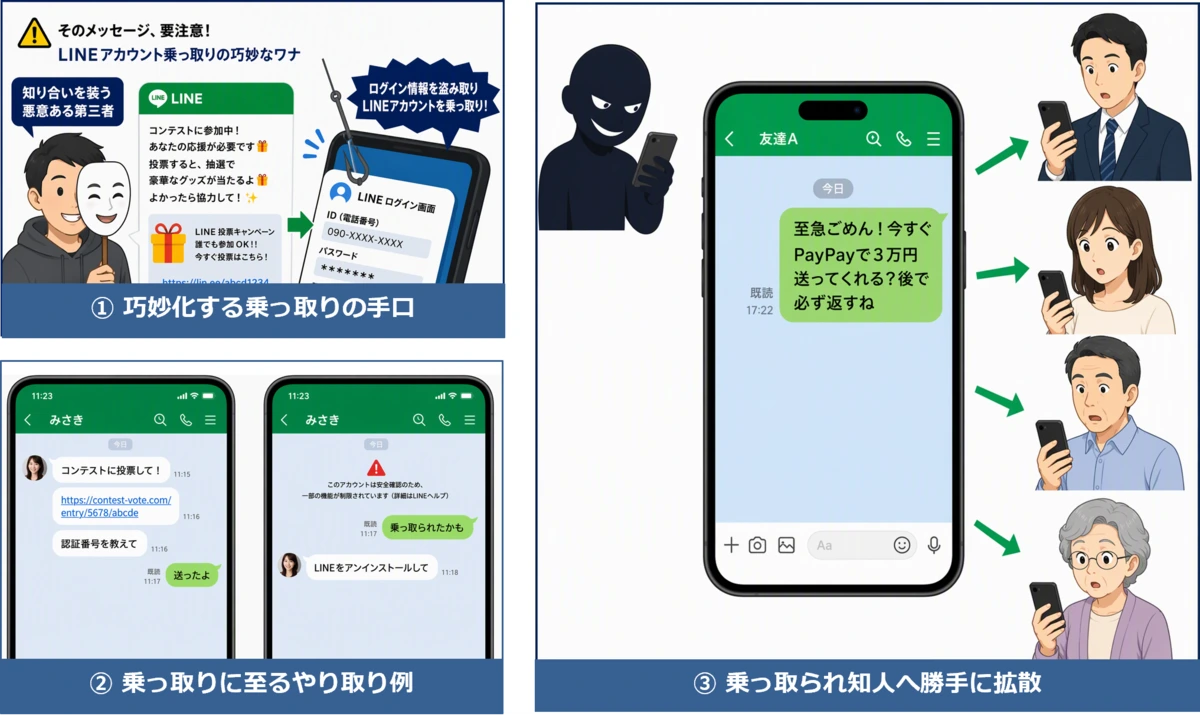 ① 巧妙化する乗っ取りの手口:そのメッセージ要注意!LINEアカウント乗っ取りの巧妙なワナ 知り合いを装う悪意ある第三者がログイン情報を盗み取りLINEアカウントを乗っ取り!②乗っ取りに至るやり取り例:コンテストに投票して!と偽の投票ページリンクが届く。認証コードを入力すると乗っ取られてしまう。③乗っ取られ知人に勝手に拡散:乗っ取られたアカウントを使って「至急ごめん!今すぐPayPayで3万円送ってくれる?後で必ず返すね」などと知人に送られる