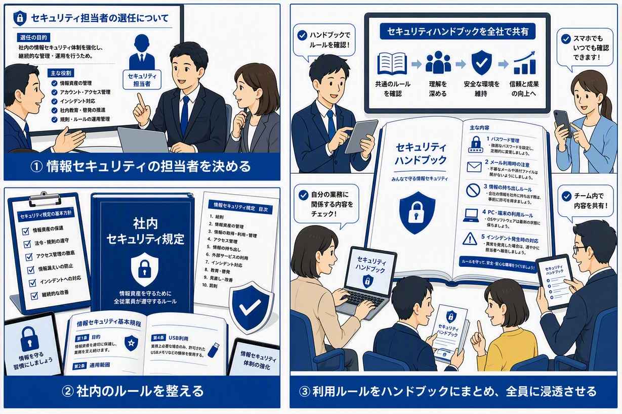 情報セキュリティ対策の進め方を解説したイラスト。情報セキュリティ担当者の選任、社内セキュリティ規定の整備、セキュリティハンドブックの作成・共有によるルール浸透の流れを示している