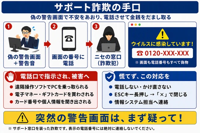 【サポート詐欺の手口】偽の警告画面で不安をあおり、電話させて金銭をだまし取る。①偽の警告画面+警告音②画面の番号に電話③ニセの窓口(詐欺犯)「ウイルスに感染しています!0120-XXX-XXX」※画面も電話番号もすべて偽物【電話口で指示され、被害へ】 ・遠隔操作ソフトでPCを乗っ取られる・電子マネー・ギフトカードを買わされる・カード番号や個人情報を聞き出される【慌てず、この対応を】・電話しない・かけ直さない・ESCキー長押し→「×」で閉じる・情報システム担当へ連絡【突然の警告画面は、まず疑って!】※サポート窓口を装った詐欺です。表示の電話番号には絶対に連絡しないでください。